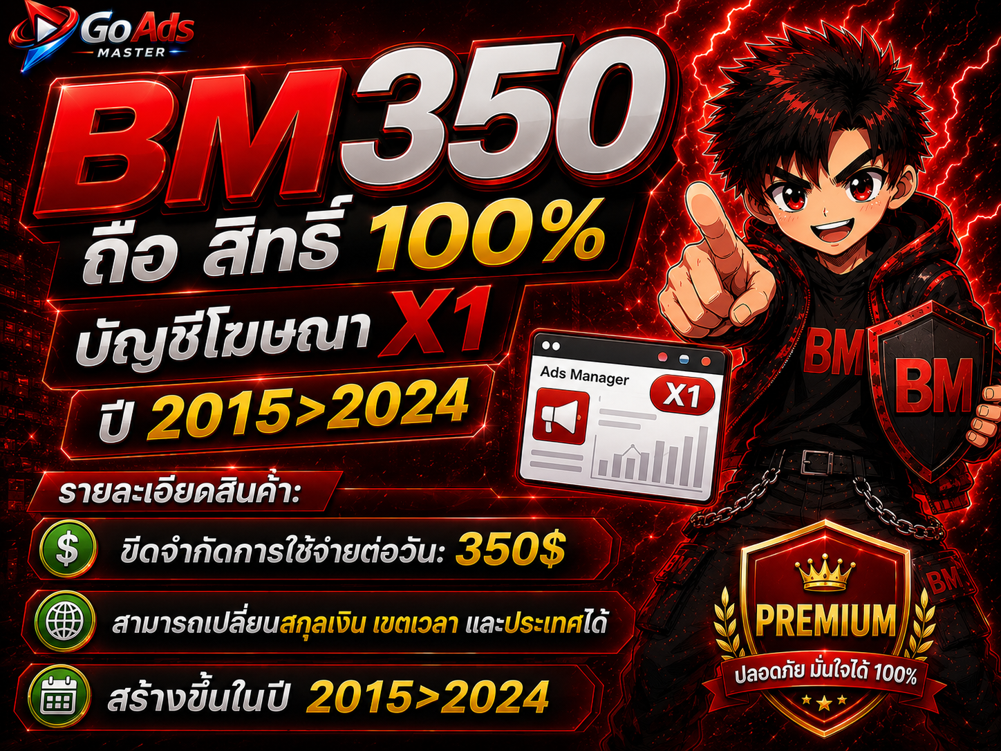 BM350 ถือ สิทธิ์ 100% บัญชีโฆษณา X1 ปี 2015>2024